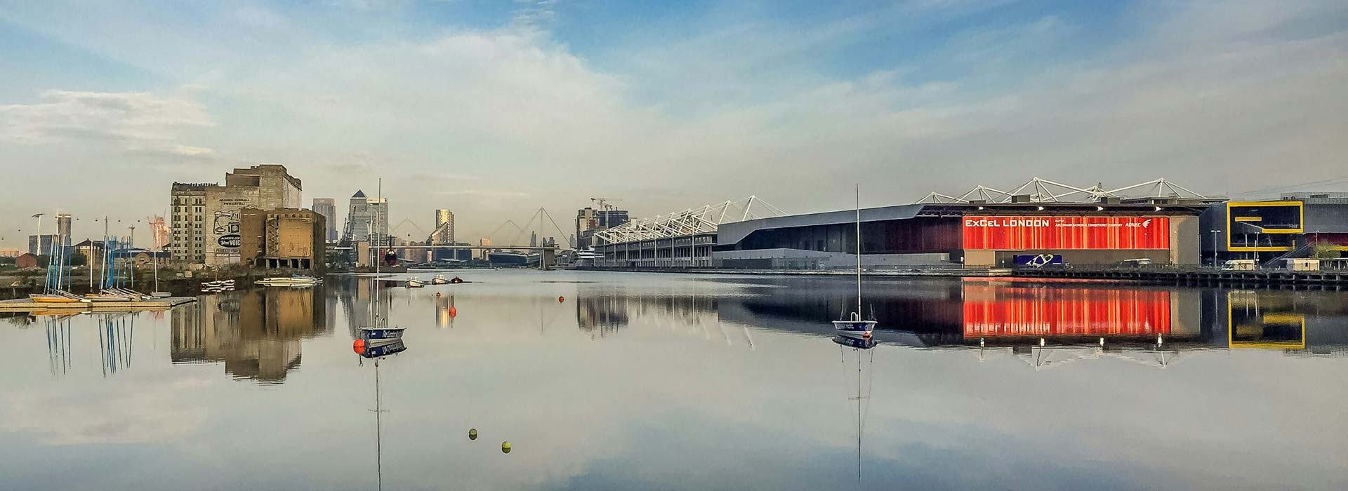 London's ExCel exhibition centre, viewed from the Thames
