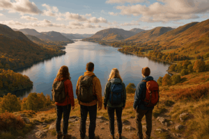 A group of walkers standing viewing a lake during Autumn in the Lake District 
