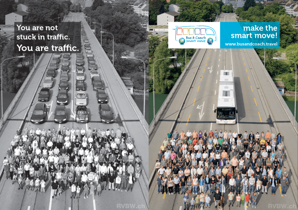 Photo visualisation of dozens of cars replaced by a single coach to transport the same number of people